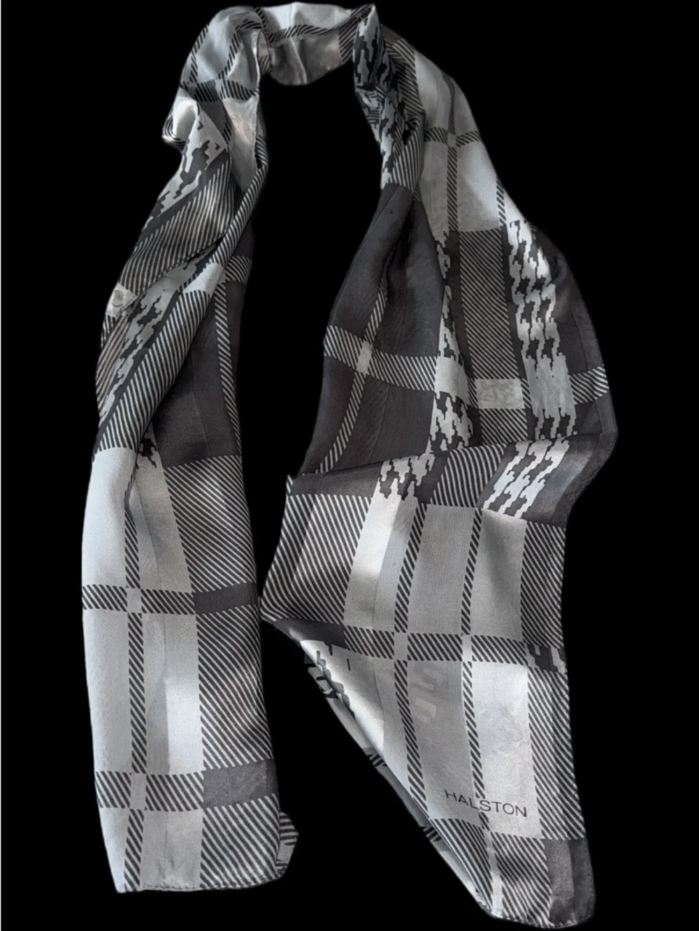 Silk Halston Heritage Black & Gray Plaid Silk Scarf